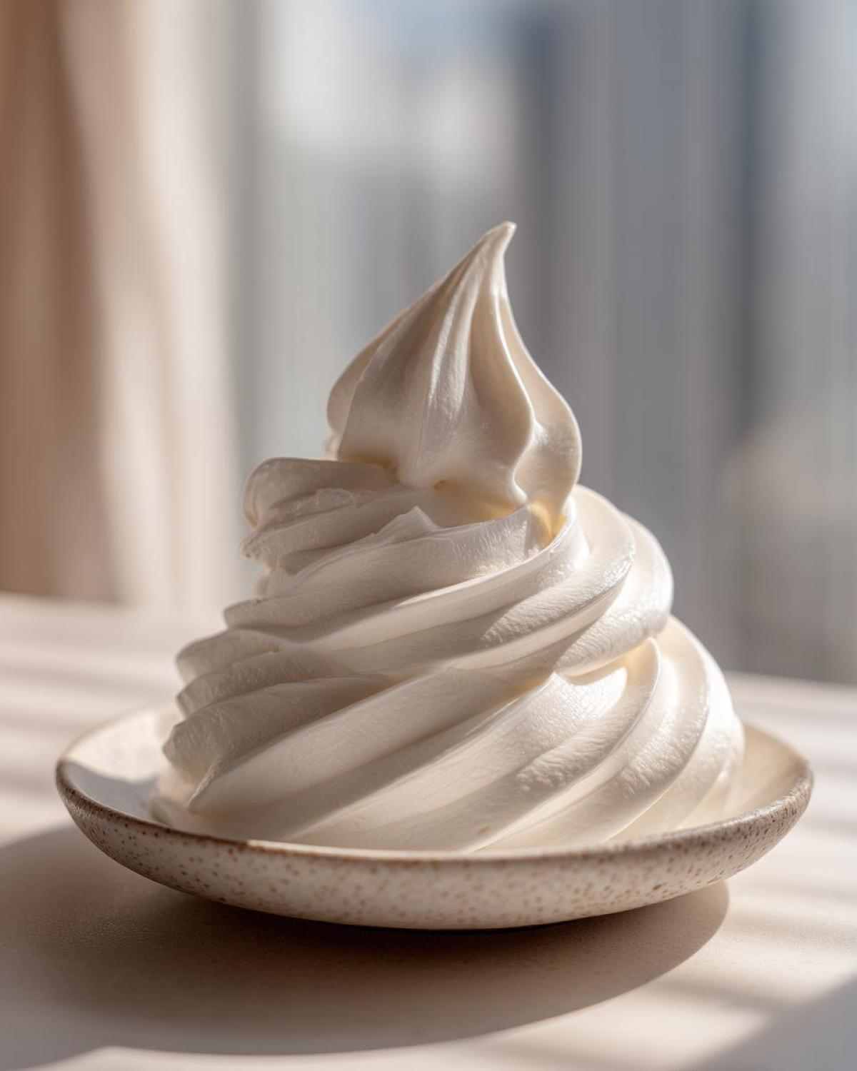 Close-up of a perfectly piped swirl resembling soft-serve, illustrating the smooth texture of cream cheese frosting.