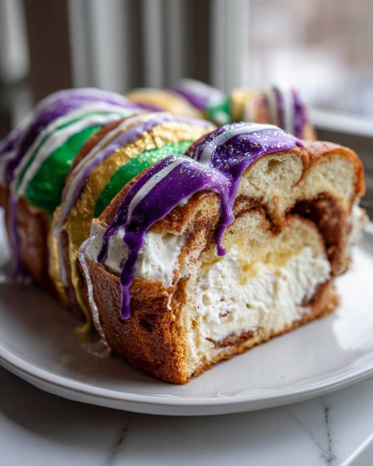 Close-up of a slice of rich king cake filled with cream cheese and topped with purple, green, and gold Mardi Gras icing.