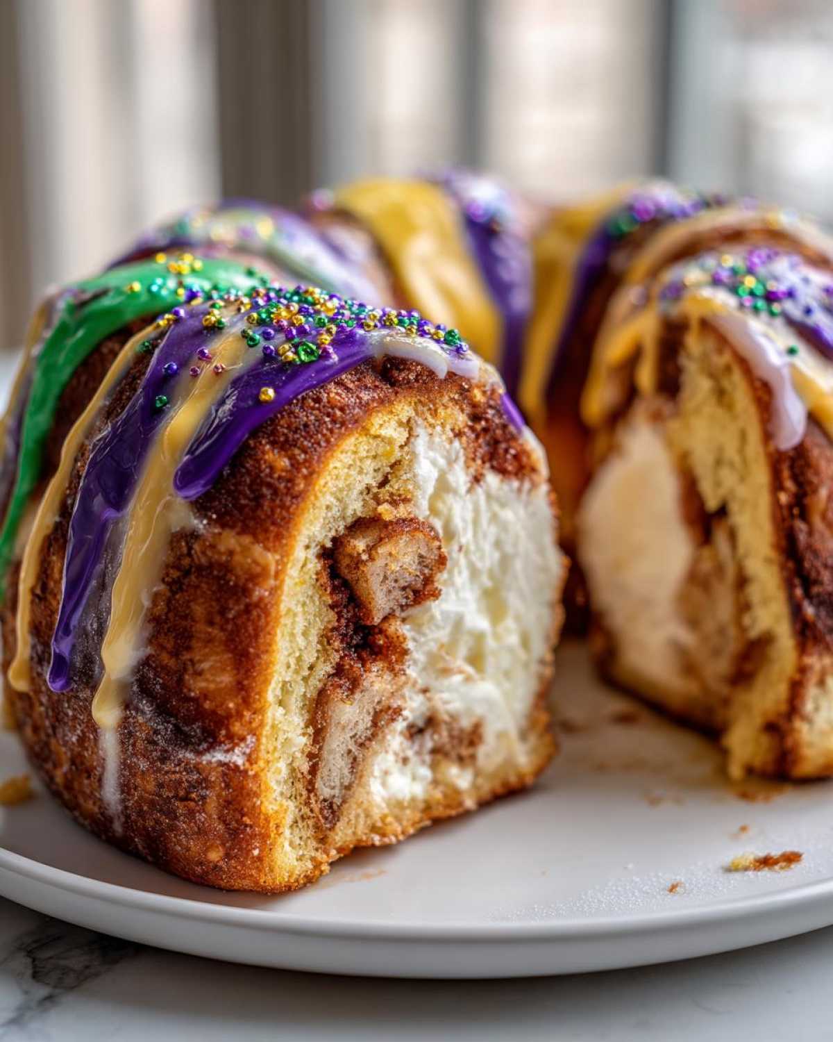 Cross-section of a rich king cake filled with cream cheese, topped with purple, green, and yellow icing.
