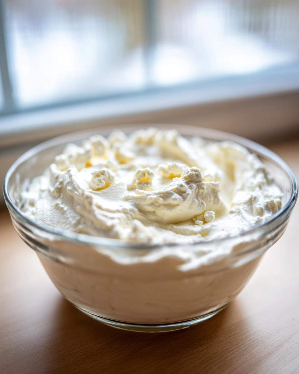 Close-up of a creamy white mixture, likely the base for blue cheese dip, in a clear glass bowl.