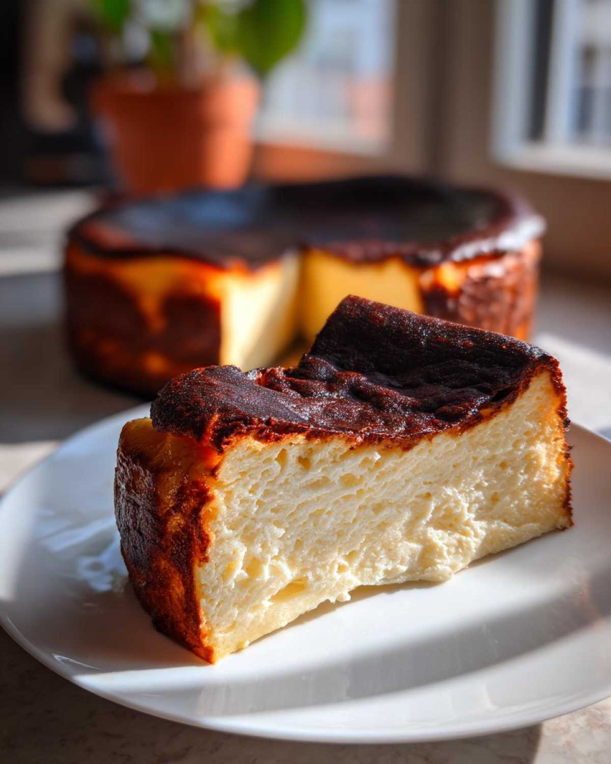 A thick slice of creamy Basque cheesecake with a deeply caramelized, burnt top resting on a white plate.