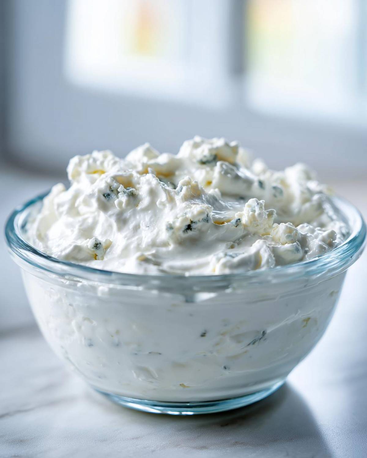 Close-up of thick, creamy blue cheese dip generously studded with blue cheese crumbles in a clear glass bowl.