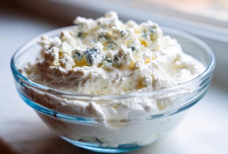Close-up of a creamy blue cheese dip in a glass bowl, topped with generous crumbles of blue cheese.