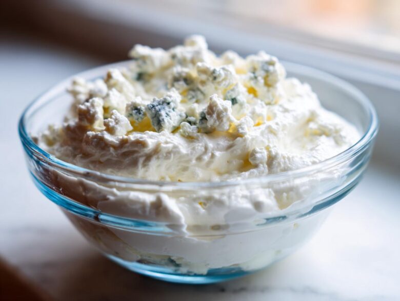 Close-up of a creamy blue cheese dip in a glass bowl, topped with generous crumbles of blue cheese.