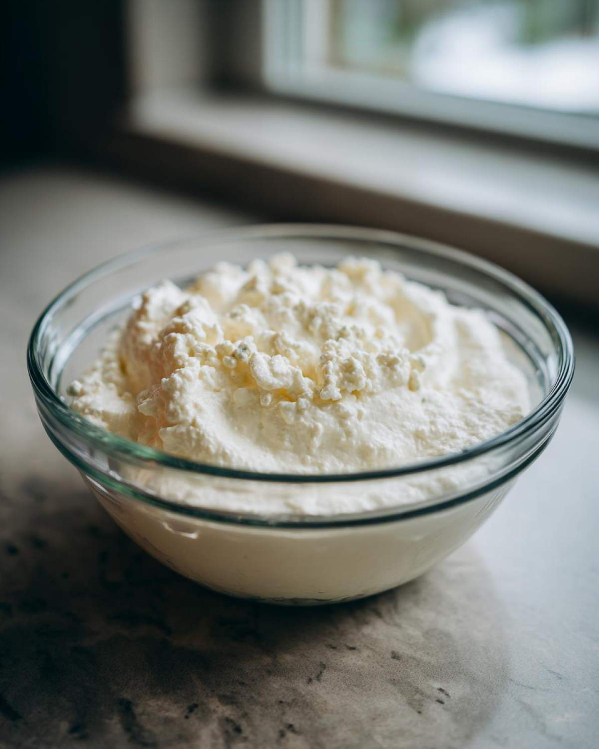Close-up of a creamy white mixture with visible chunks of blue cheese, ready to be served as blue cheese dip.