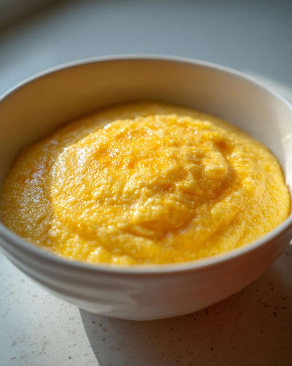 A close-up of a white bowl filled with creamy, bright yellow cheese grits, highlighted by sunlight.