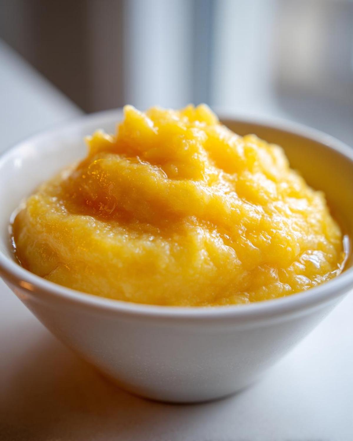 A close-up of rich, creamy cheese grits, bright yellow in color, served in a small white bowl.
