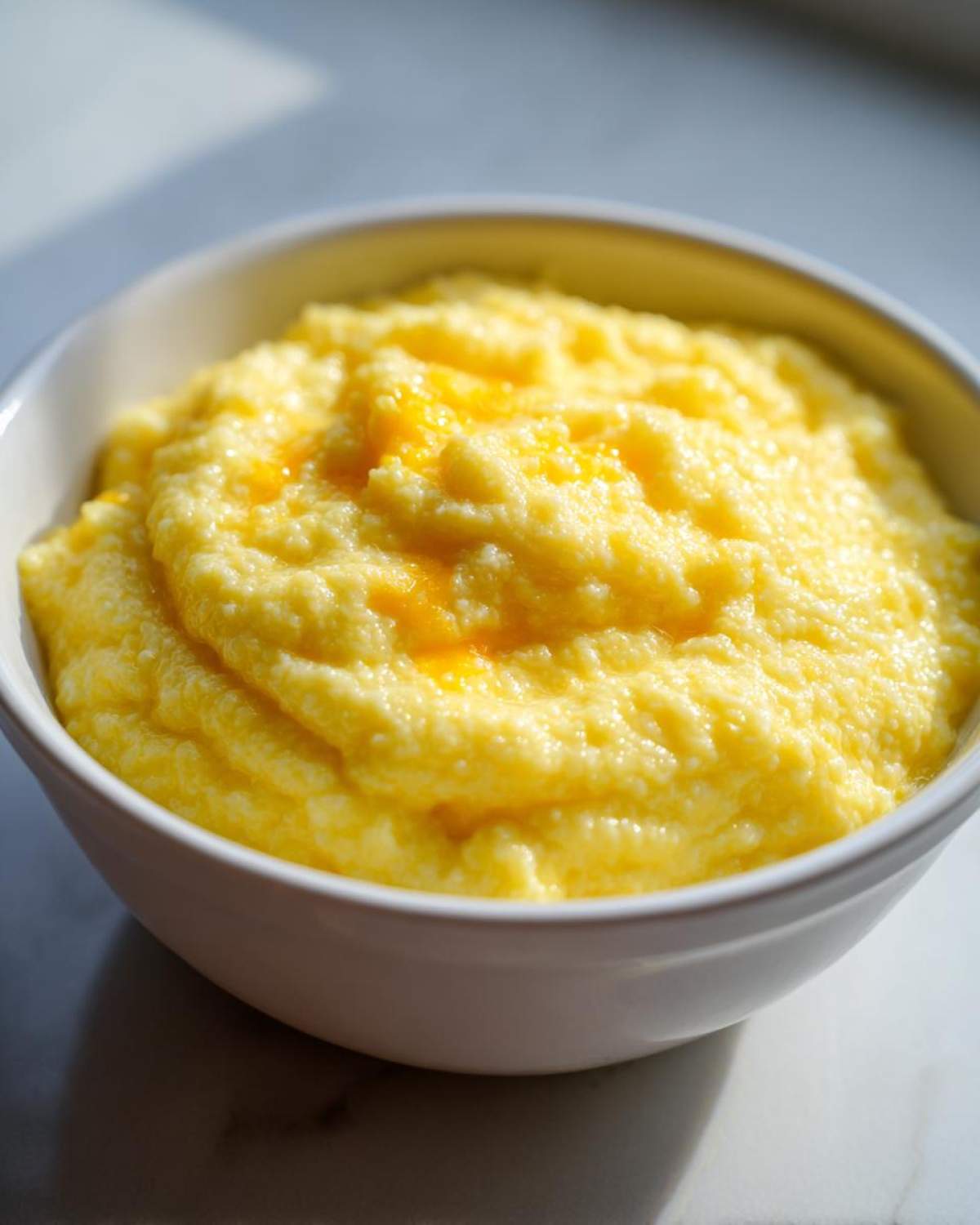 Close-up of a white bowl filled with creamy, bright yellow cheese grits, showing melted cheese swirls.