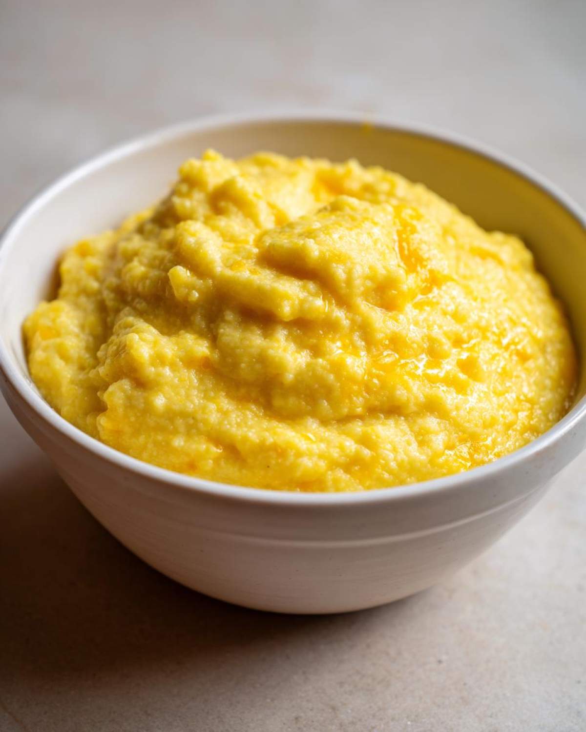 A close-up of rich, creamy cheese grits served in a white bowl, showing a vibrant yellow color.