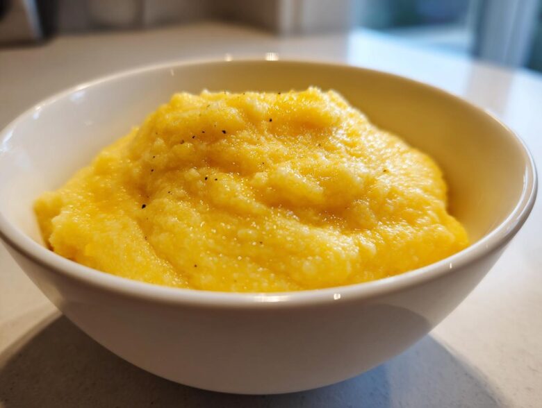 Close-up of creamy, bright yellow cheese grits topped with black pepper, served in a white bowl.