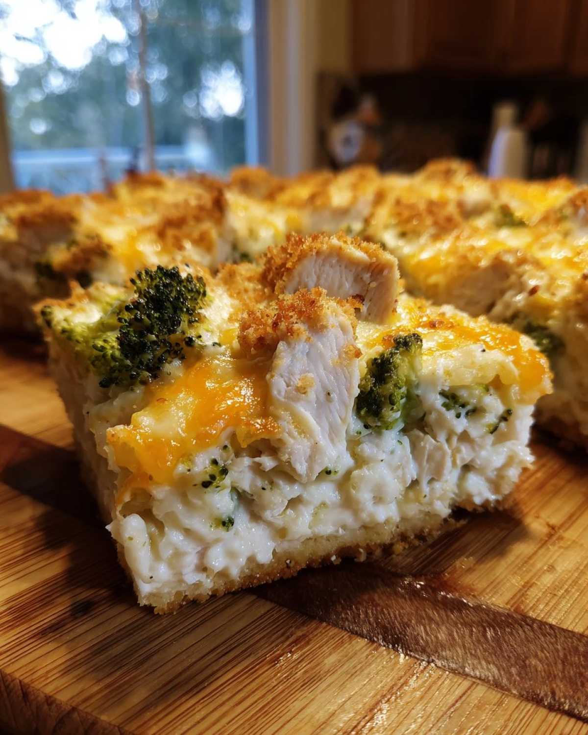 A thick slice of creamy chicken broccoli rice casserole topped with melted cheddar and crispy chicken pieces.
