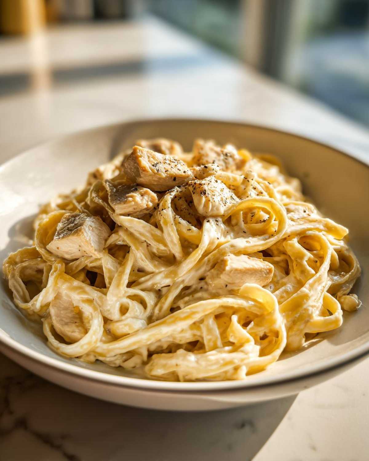 Close-up of a bowl filled with creamy chicken fettuccine alfredo, topped with cracked black pepper.