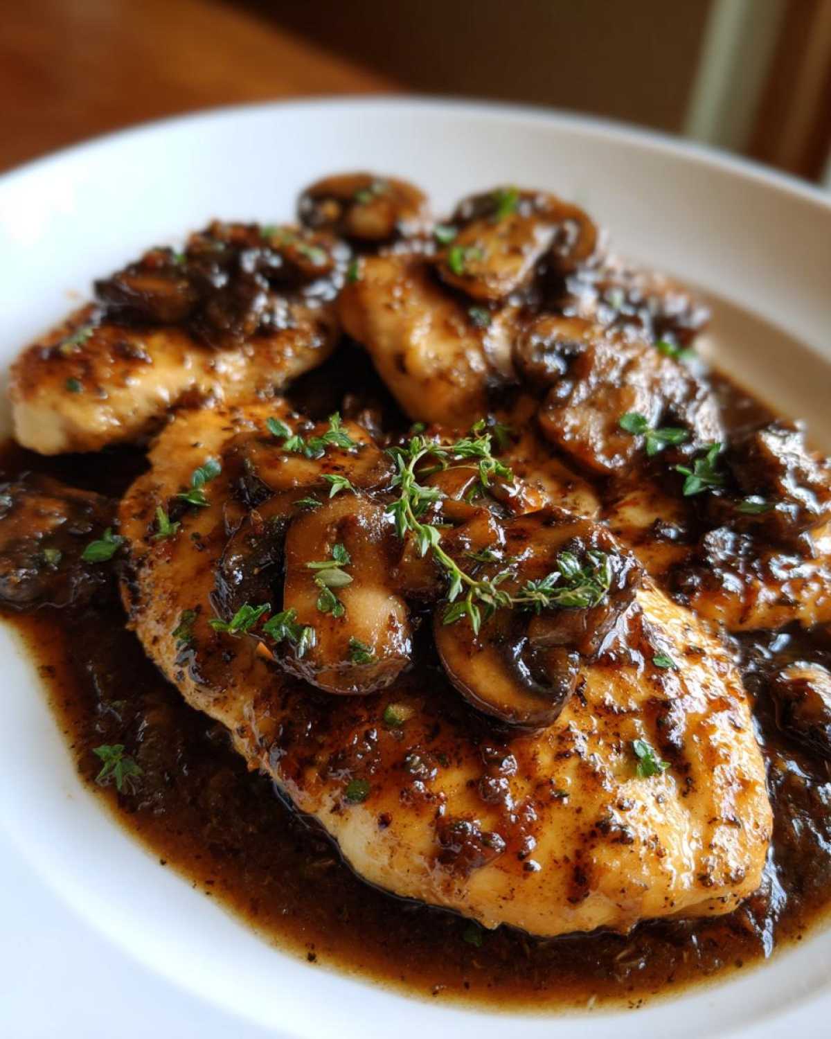 Close-up of golden pan-seared chicken marsala breasts smothered in rich mushroom sauce and fresh thyme.