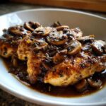 Two golden-brown chicken breasts smothered in a rich, dark mushroom sauce, ready to serve for chicken marsala.