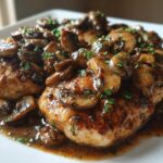 Close-up of pan-seared chicken breasts smothered in rich mushroom sauce for chicken marsala.