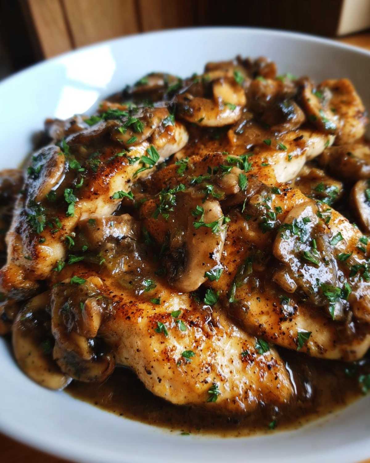 Close-up of pan-seared chicken breasts smothered in a rich, dark mushroom sauce, garnished with fresh parsley, ready to serve as chicken marsala.