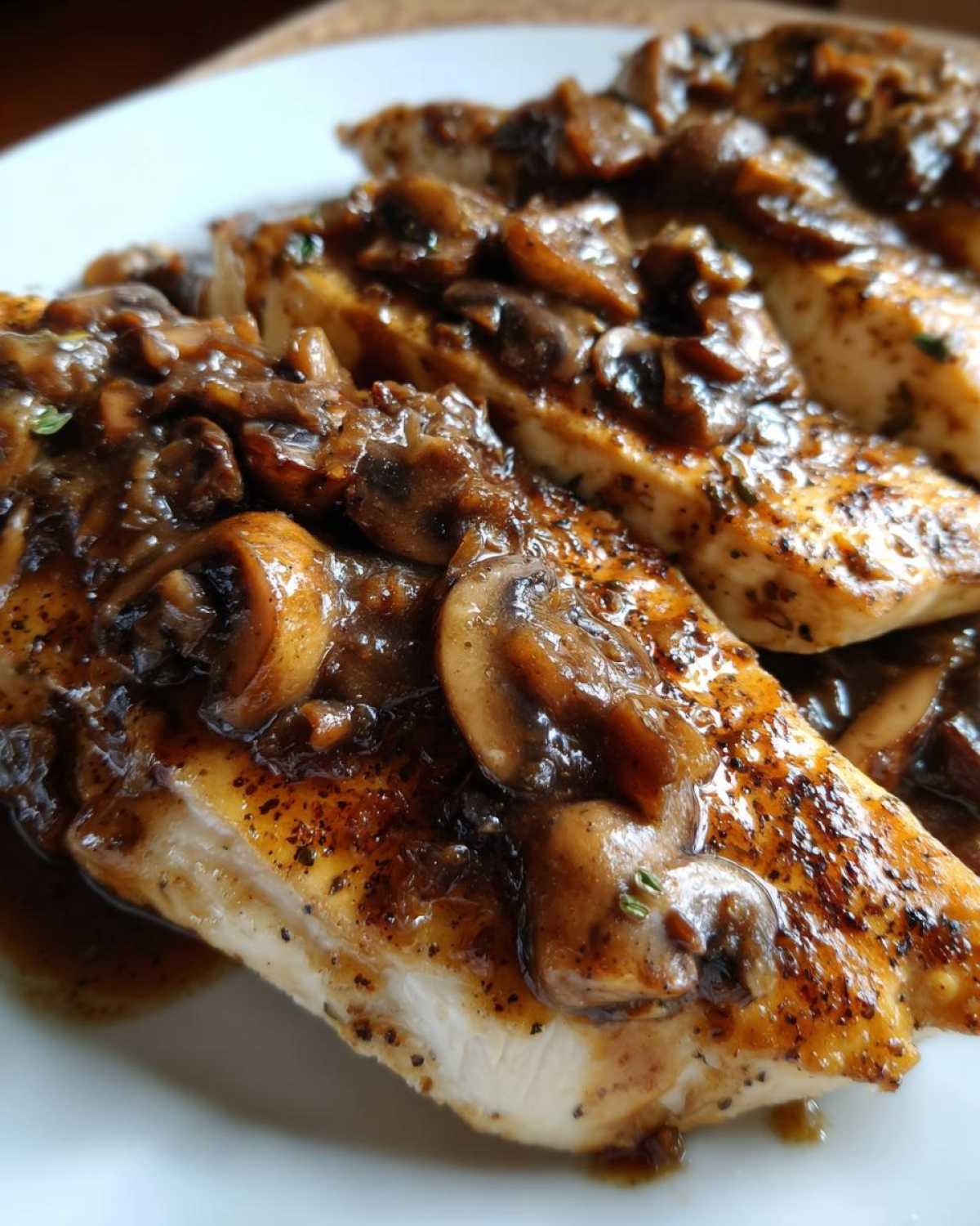 Close-up of pan-seared chicken breasts smothered in a rich, dark mushroom sauce, classic chicken marsala.