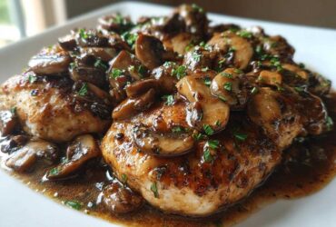 Close-up of pan-seared chicken breasts smothered in rich mushroom sauce for chicken marsala.