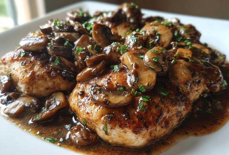 Close-up of pan-seared chicken breasts smothered in rich mushroom sauce for chicken marsala.