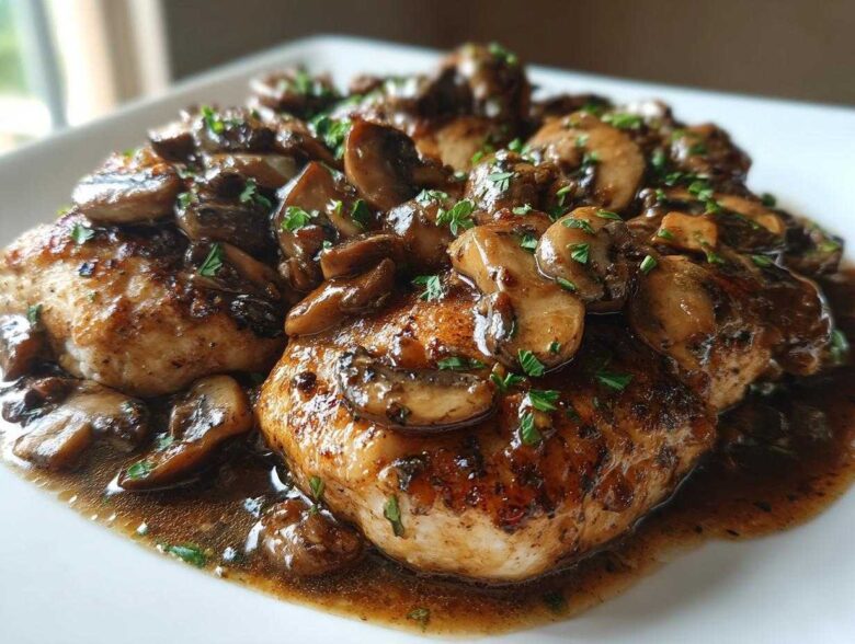 Close-up of pan-seared chicken breasts smothered in rich mushroom sauce for chicken marsala.