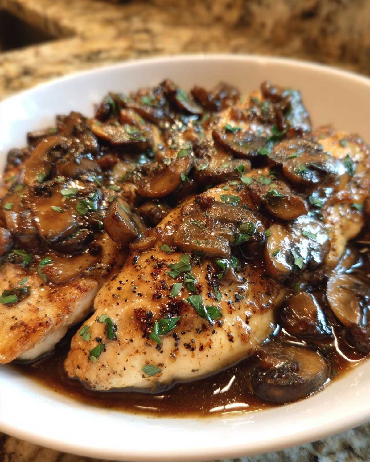 Close-up of perfectly seared chicken breasts smothered in rich mushroom sauce for chicken marsala.