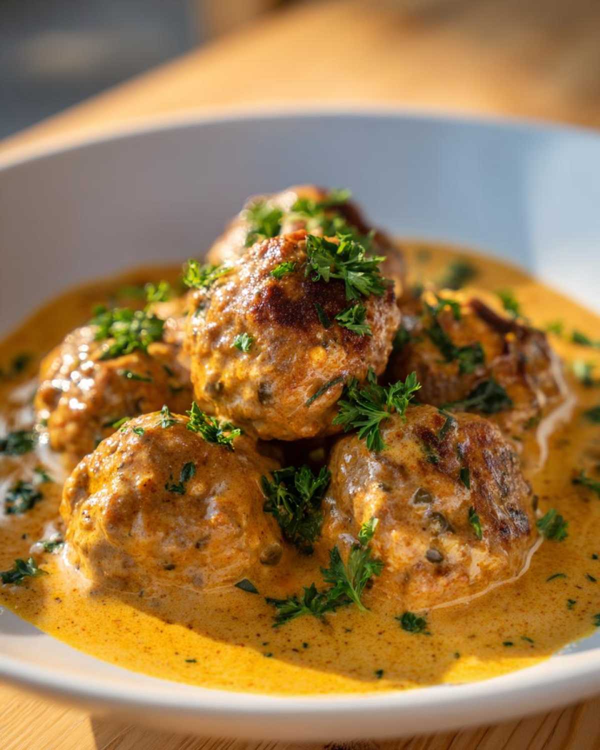 Close-up of several golden-brown chicken piccata meatballs submerged in a rich, creamy lemon-caper sauce, garnished with fresh parsley.