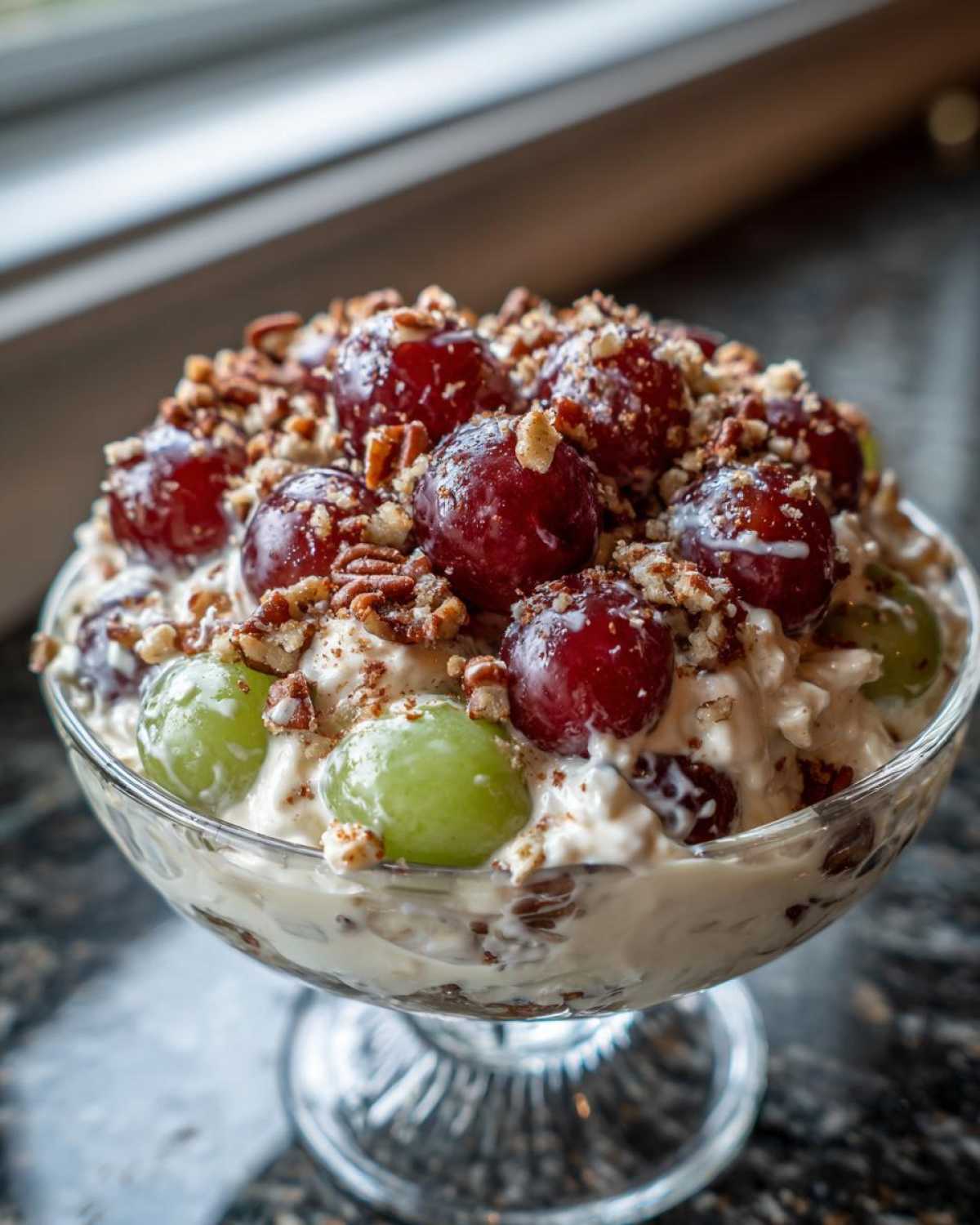 A close-up of creamy chicken salad chick grape salad topped with red and green grapes and chopped pecans.