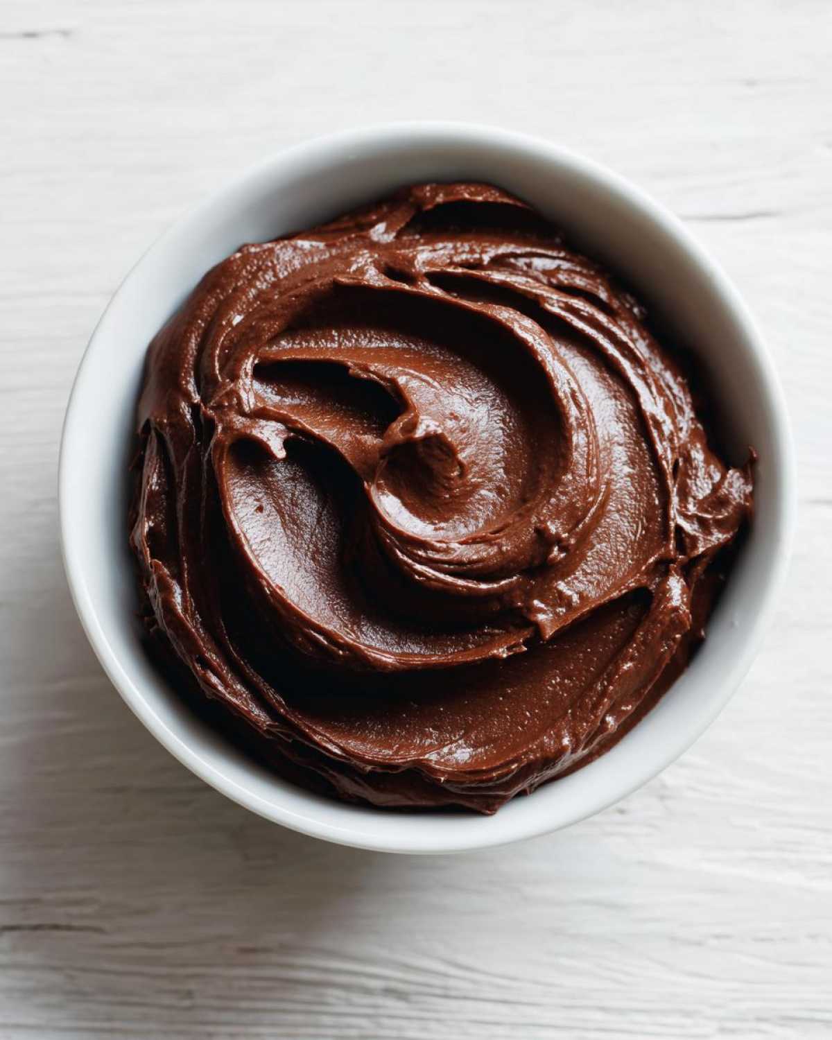 Overhead view of rich, creamy chocolate dip swirled in a small white bowl on a white wooden surface.