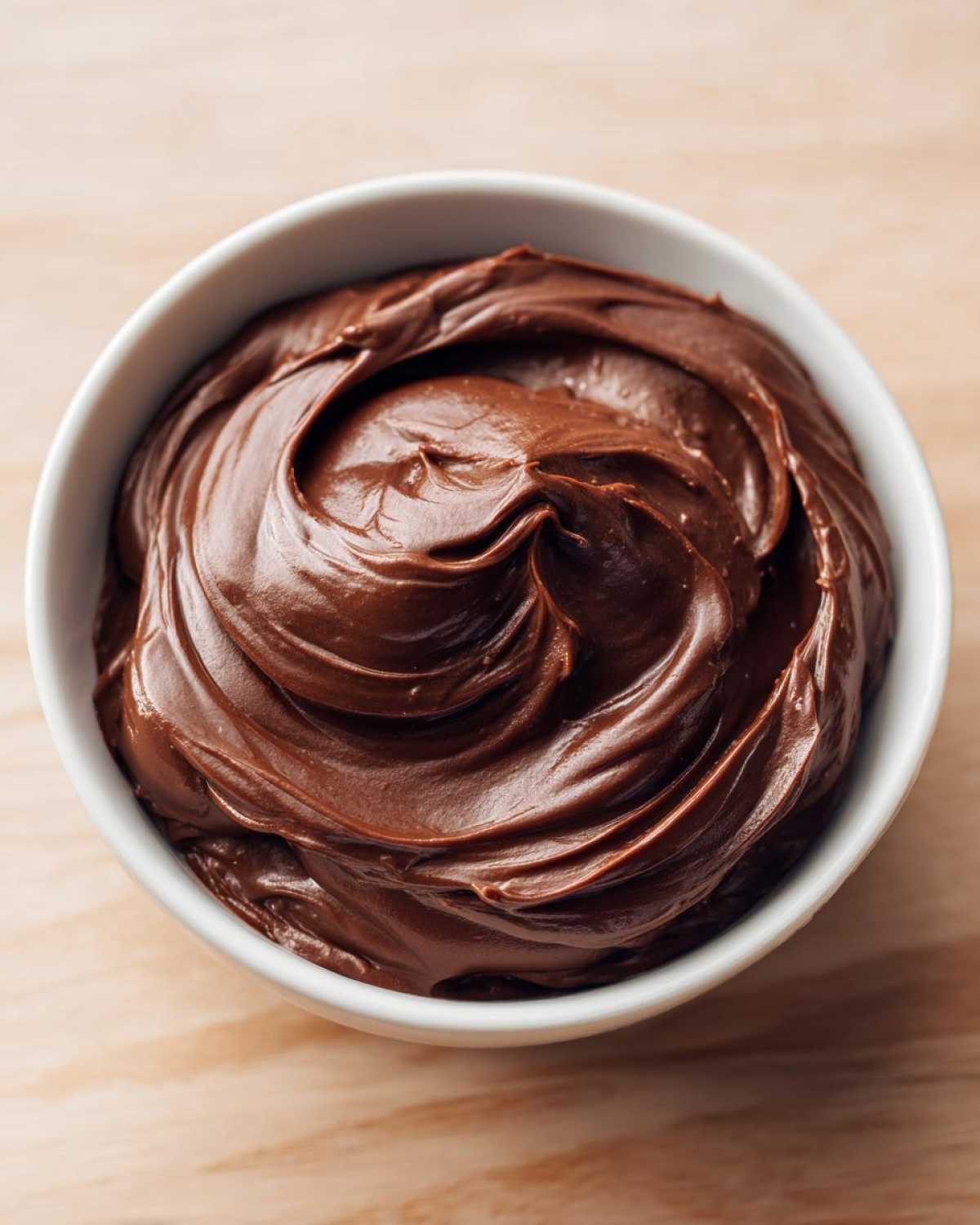 Overhead view of rich, creamy chocolate dip swirled beautifully in a small white bowl.