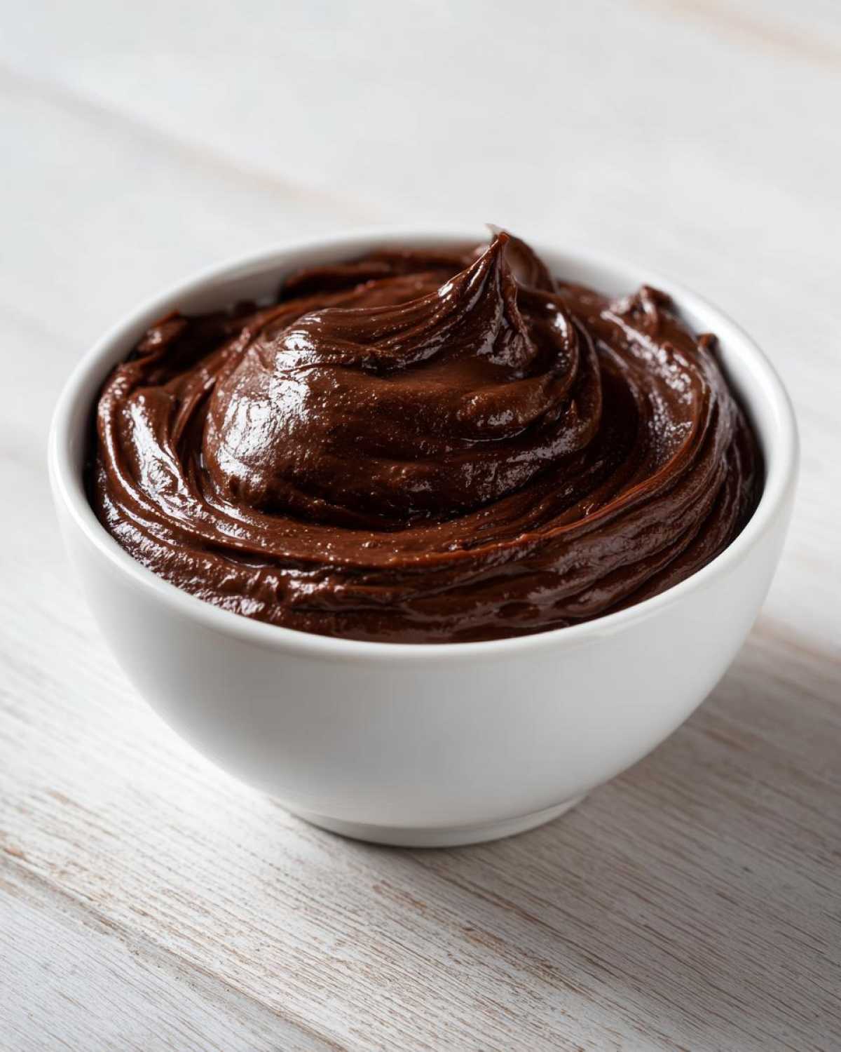 A close-up of rich, creamy chocolate dip swirled high in a small white bowl on a light wooden surface.