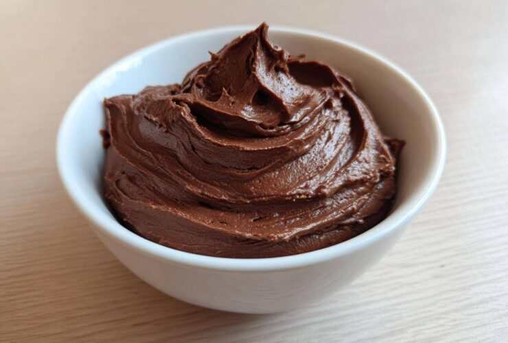 A close-up of rich, creamy chocolate dip swirled high in a small white bowl.