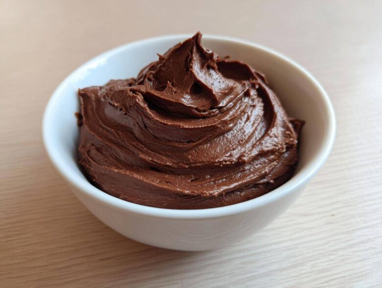 A close-up of rich, creamy chocolate dip swirled high in a small white bowl.