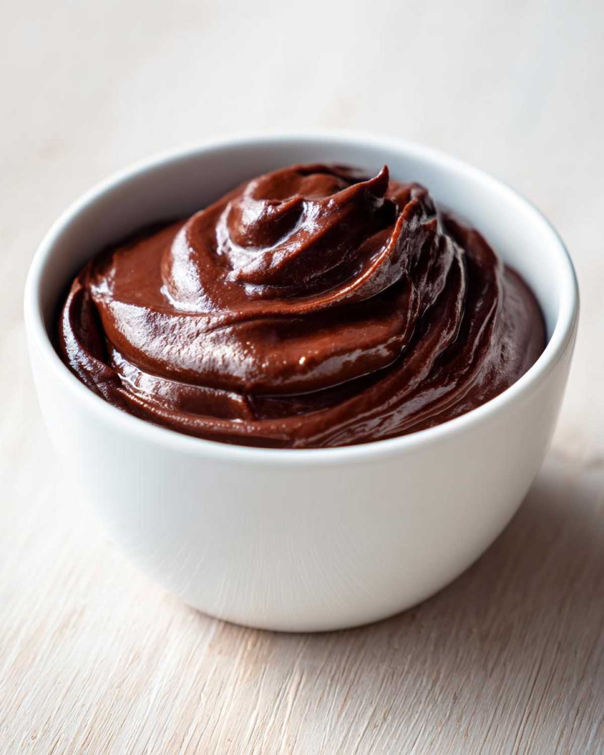 Close-up of rich, dark, creamy chocolate dip swirled high in a small white bowl.