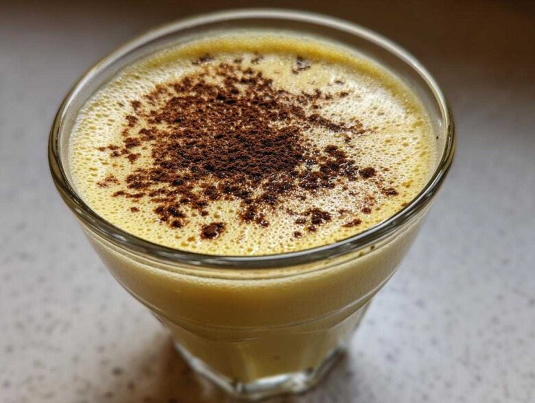 Close-up of a glass filled with creamy, yellow eggnog topped with dusted cocoa or nutmeg.