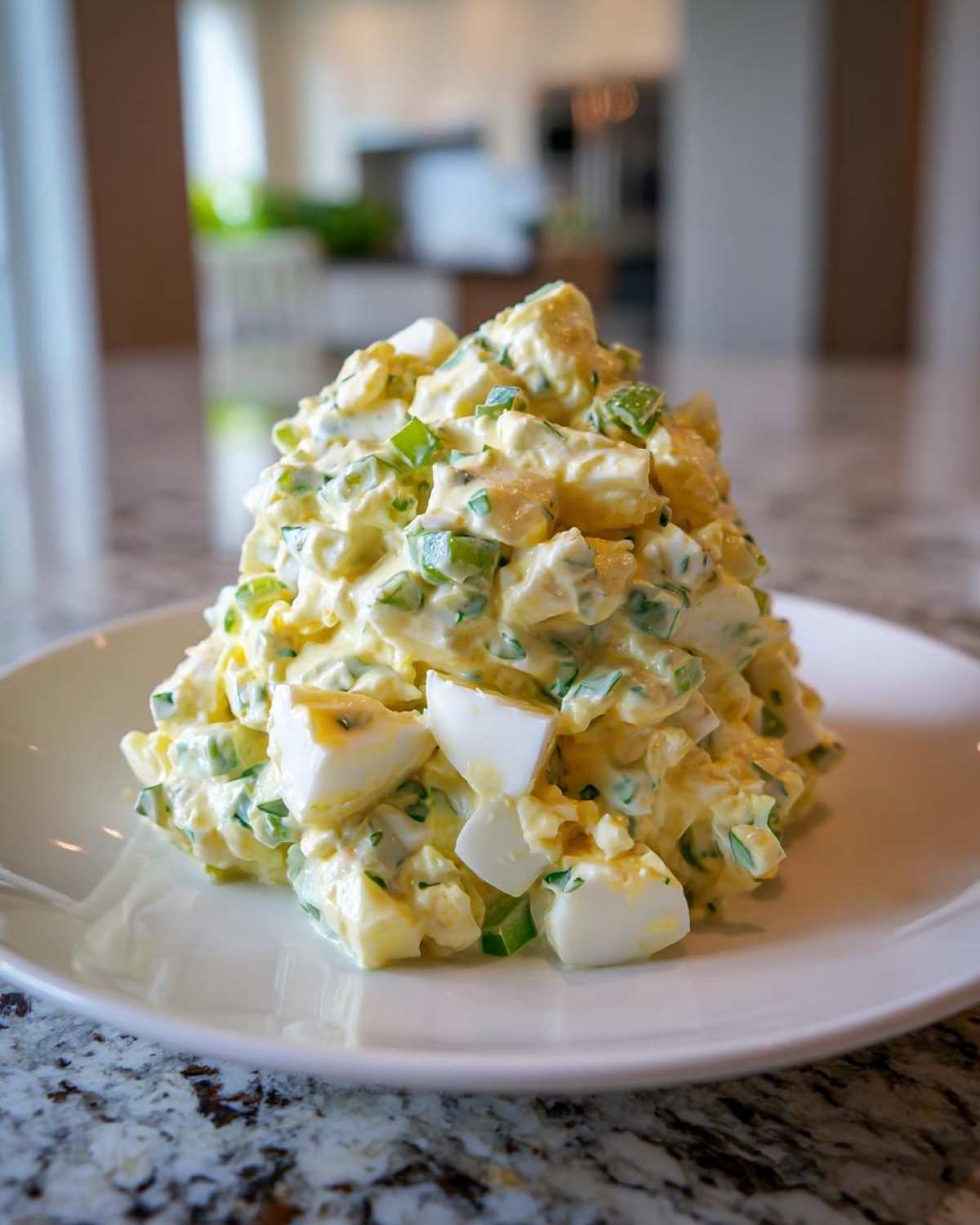 A tall mound of creamy egg salad recipe mixed with chopped green onions, served on a white plate.