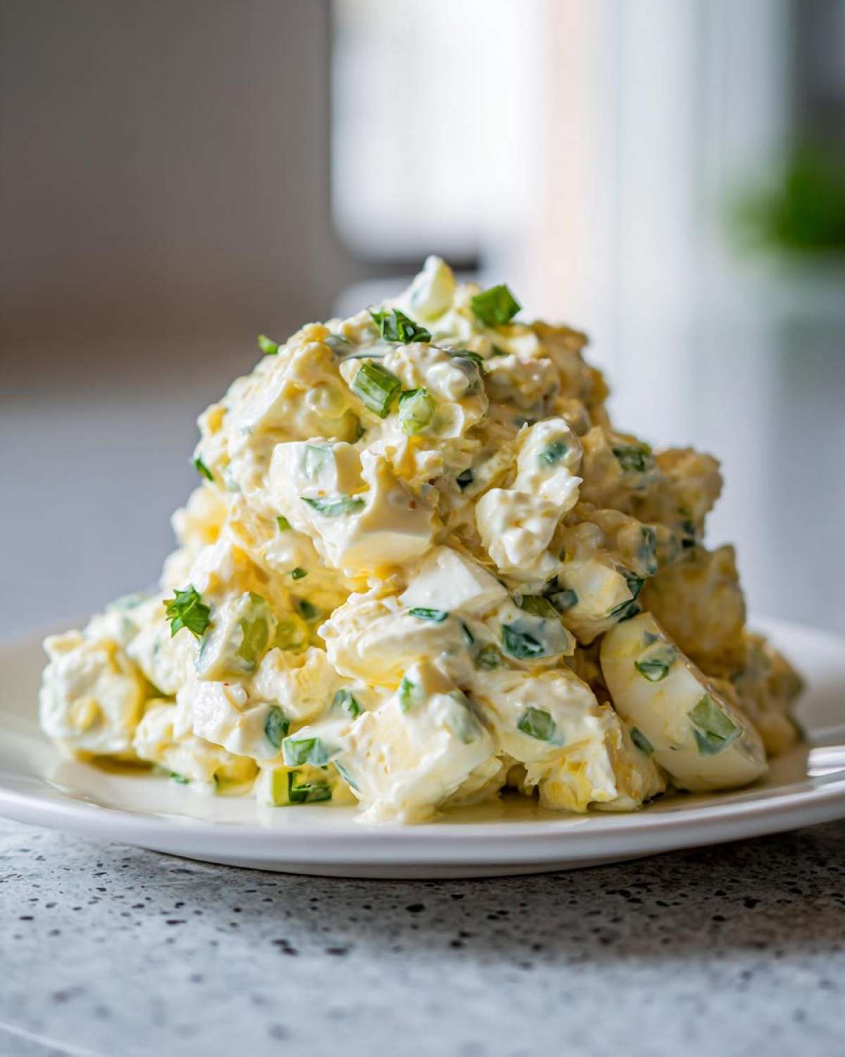 A generous mound of creamy egg salad recipe mixed with chopped green onions on a white plate.