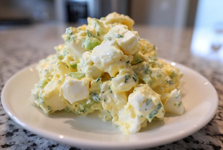 A close-up of a mound of creamy egg salad recipe featuring chopped eggs, celery, and herbs on a white plate.