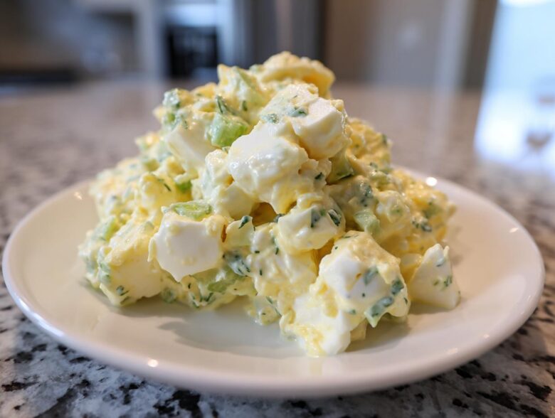 A close-up of a mound of creamy egg salad recipe featuring chopped eggs, celery, and herbs on a white plate.