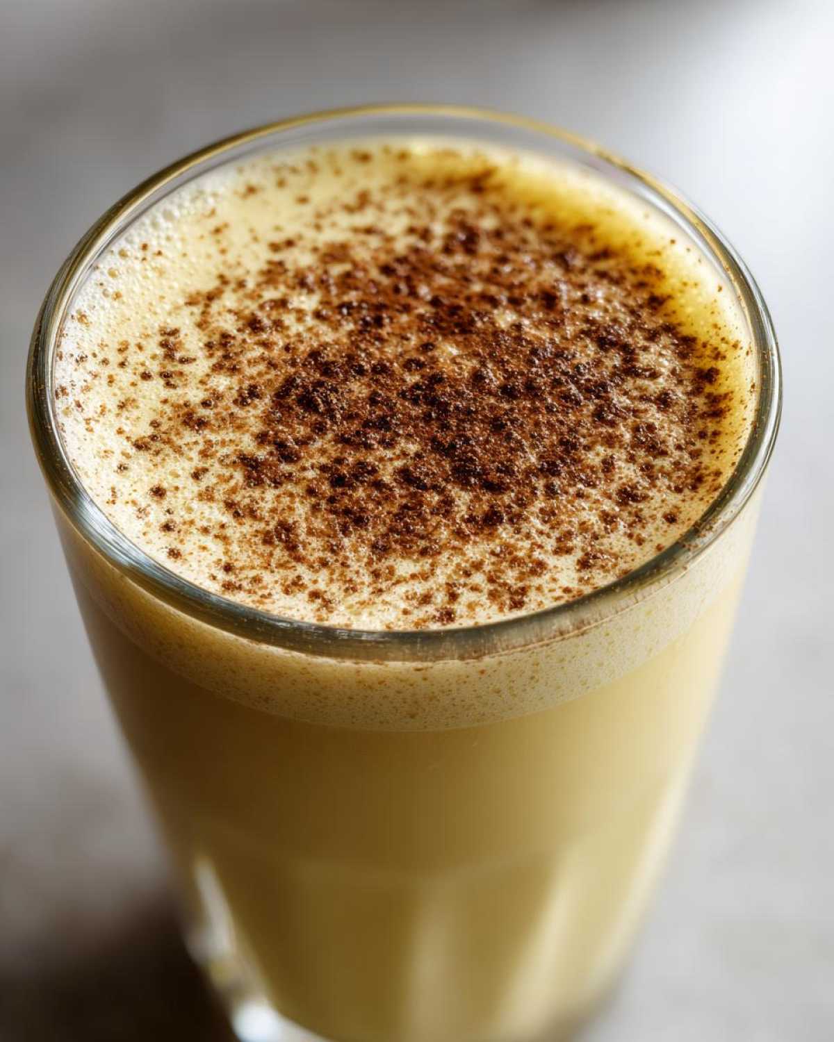 Close-up of a glass filled with creamy, yellow eggnog, topped with frothy foam and a dusting of nutmeg.