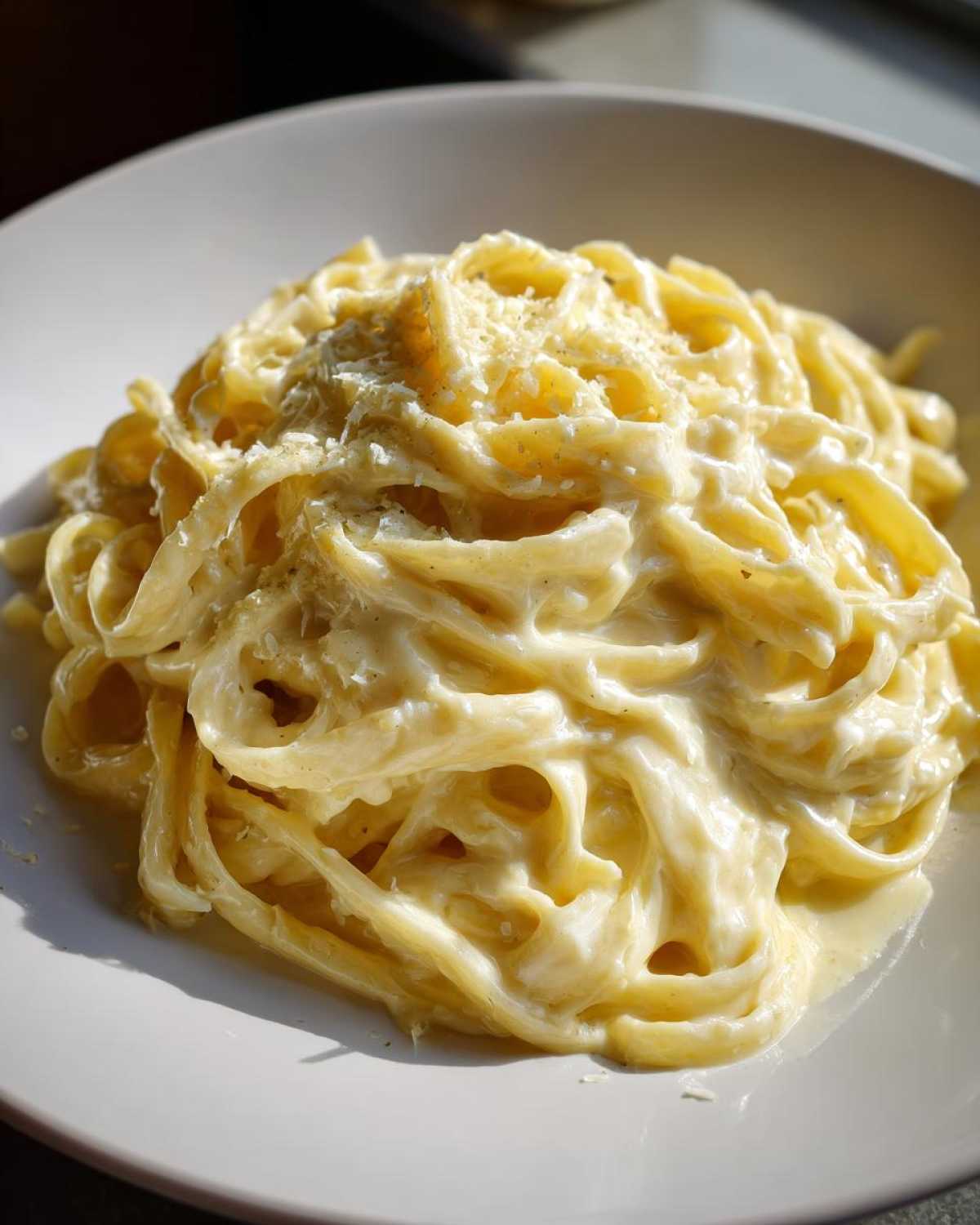 Close-up of fettuccine pasta generously coated in creamy olive garden alfredo sauce and topped with grated parmesan.