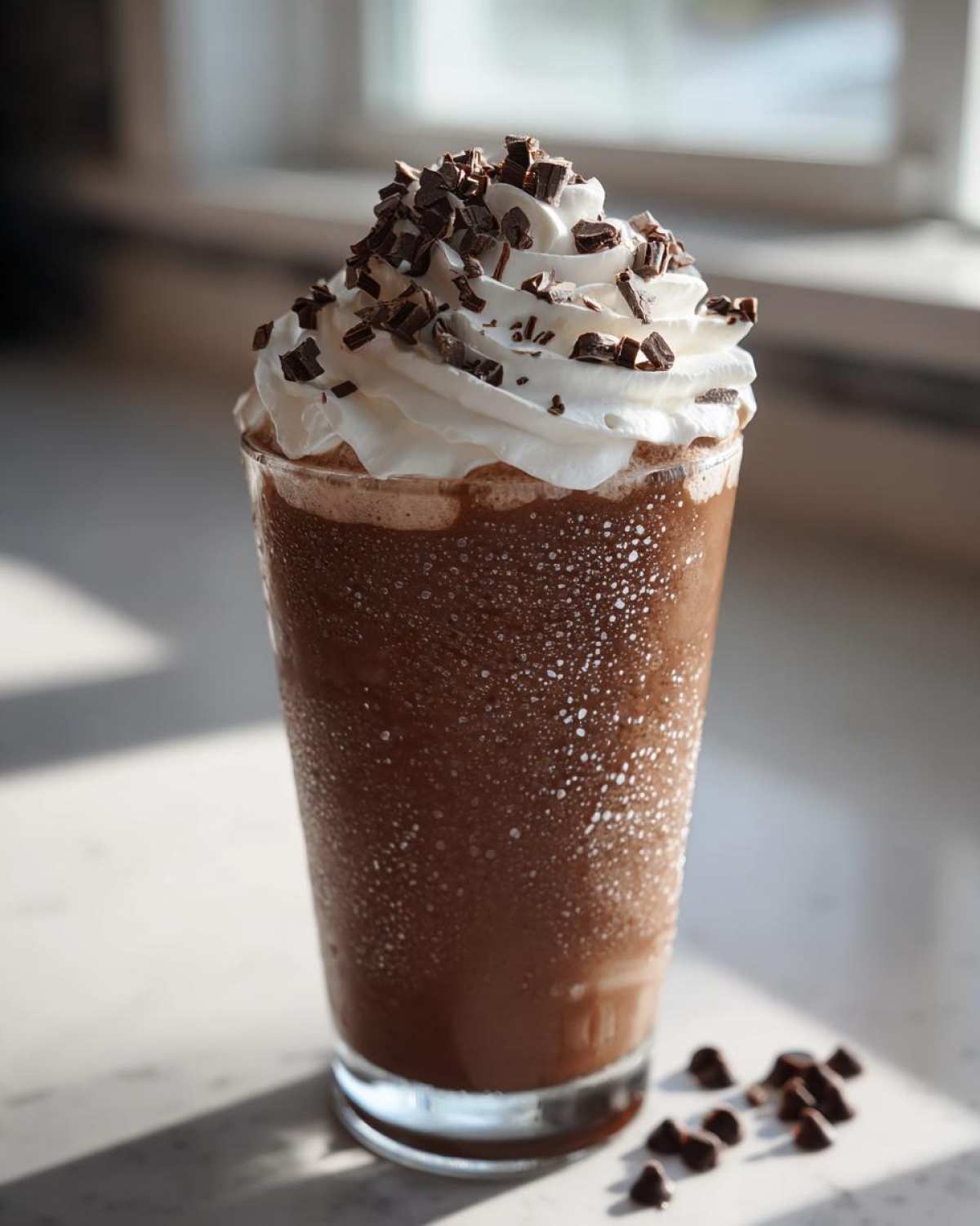A tall glass of frosty frozen hot chocolate topped with whipped cream and chocolate shavings.