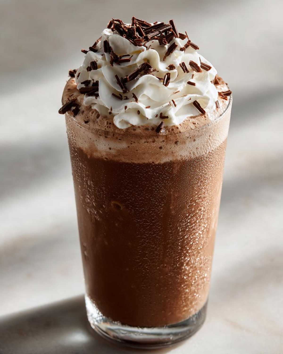 A tall glass of frosty frozen hot chocolate topped with whipped cream and chocolate shavings.