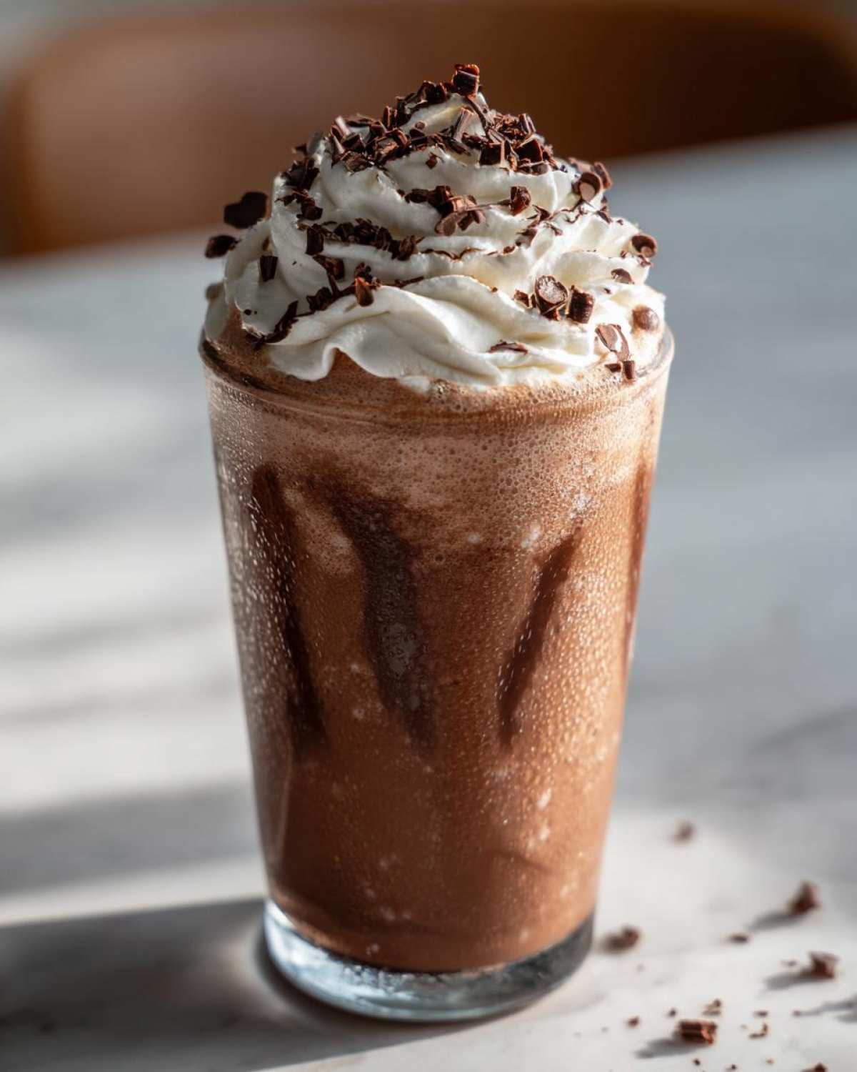 A tall glass filled with creamy frozen hot chocolate, topped with whipped cream and chocolate shavings.