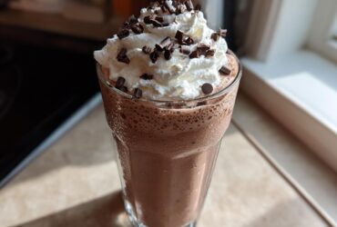A tall glass of creamy frozen hot chocolate topped with whipped cream and chocolate shavings.