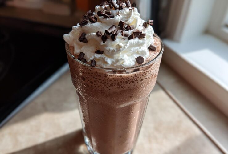 A tall glass of creamy frozen hot chocolate topped with whipped cream and chocolate shavings.