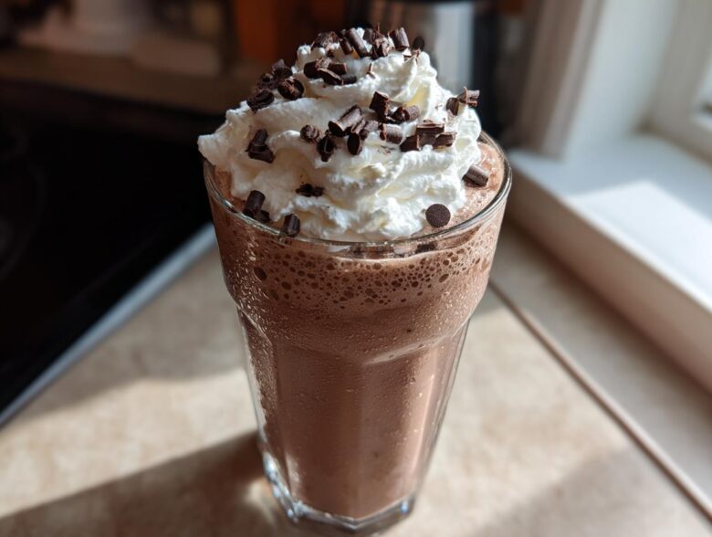 A tall glass of creamy frozen hot chocolate topped with whipped cream and chocolate shavings.