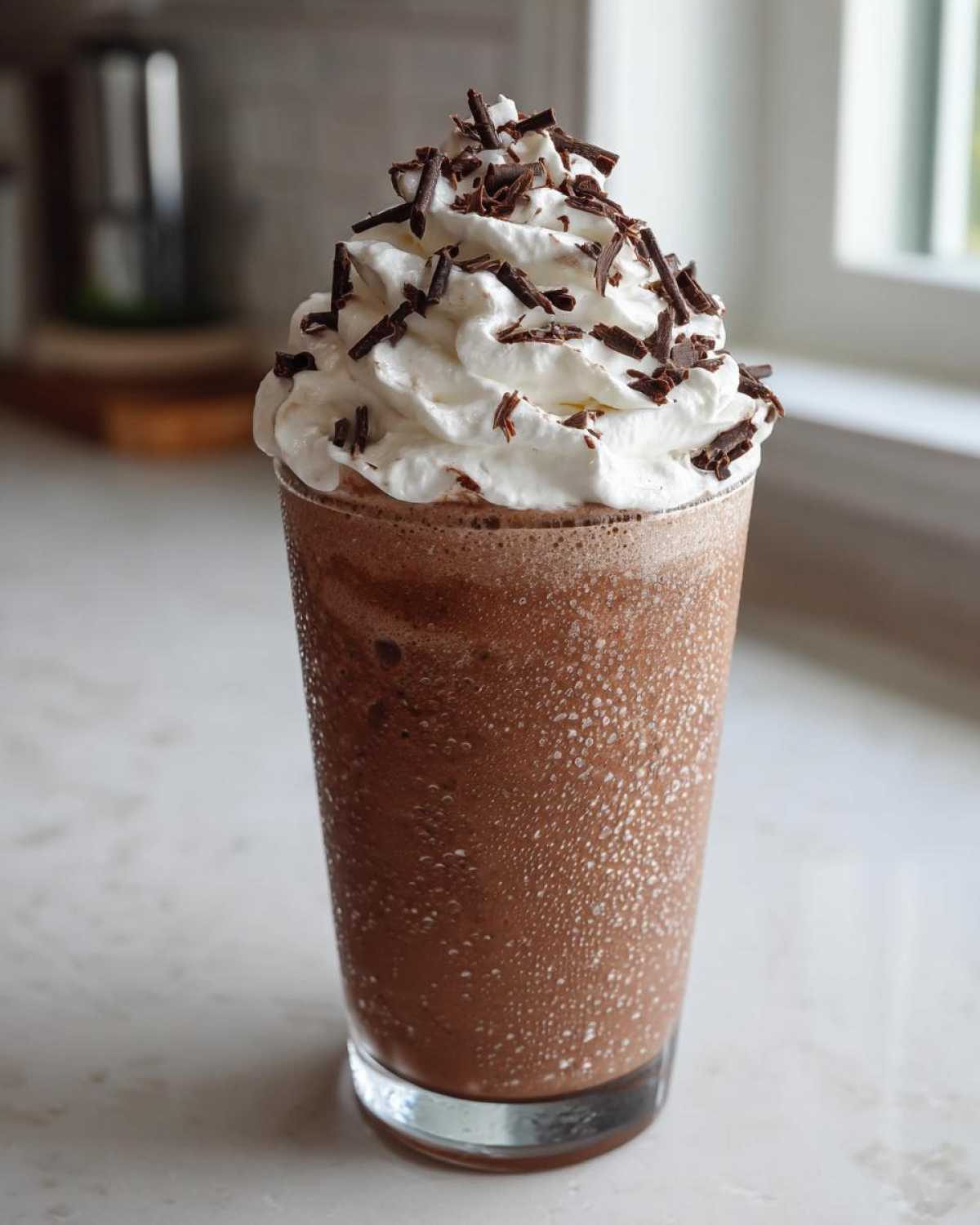 A tall glass of rich, blended frozen hot chocolate topped with whipped cream and chocolate shavings.