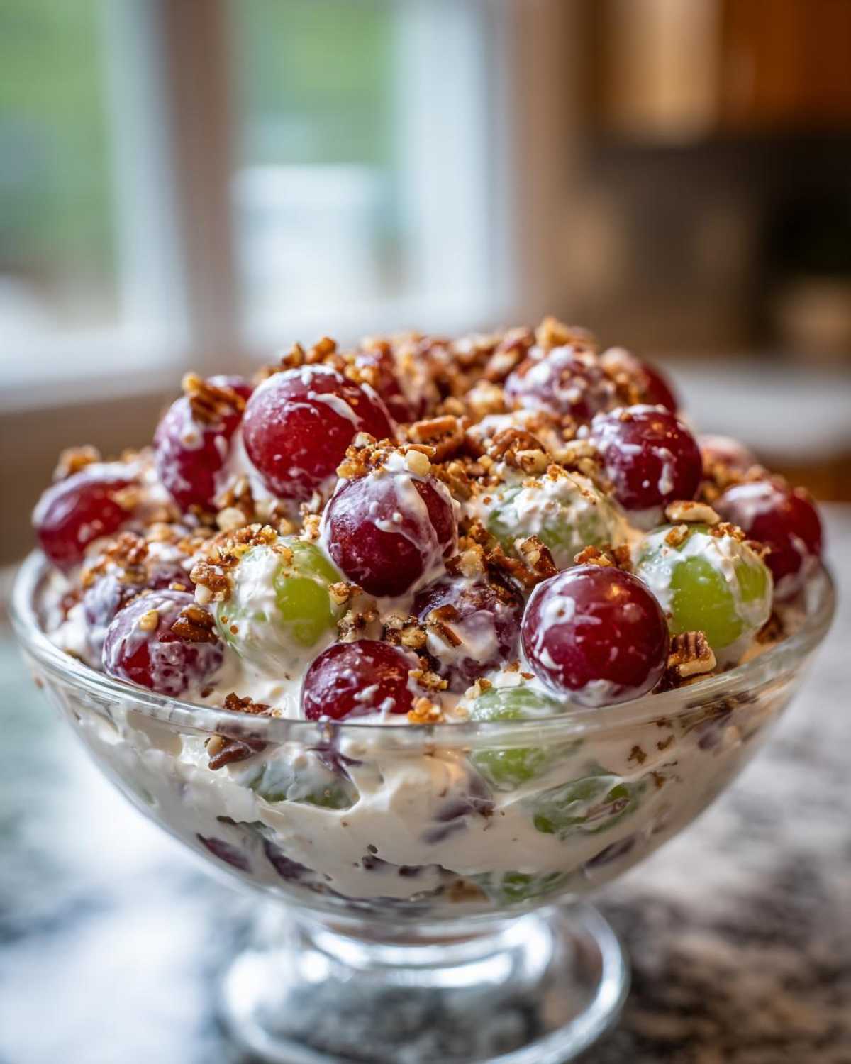 Close-up of a creamy chicken salad chick grape salad, featuring red and green grapes coated in dressing and topped with chopped pecans.