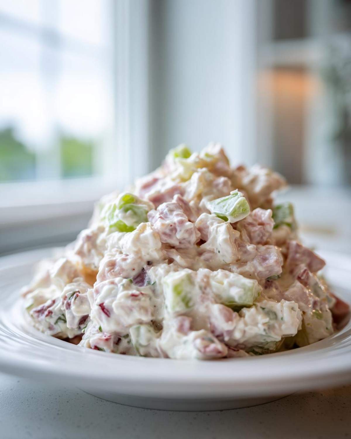 Close-up of a mound of creamy ham salad recipe with visible chunks of ham and celery on a white plate.