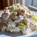A mound of creamy ham salad recipe featuring diced ham, celery, and a mayonnaise dressing, served on a white plate.